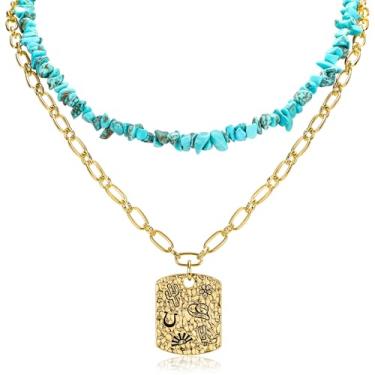 Imagem de Colar vintage com pingente de vaqueira ocidental em camadas para mulheres, contas de pedra turquesa, gargantilha, chapéu de caubói, bota, padrão de ferradura, charme, corrente de ouro ajustável, joia