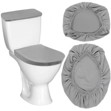 Imagem de Thinp Tampa de vaso sanitário e tampa de vaso sanitário, capa de assento de vaso sanitário cinza com parte inferior elástica de substituição capa de vaso sanitário macia conjunto de tampas de vaso