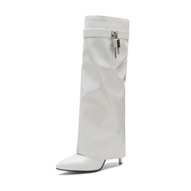 Imagem de Rock88 Botas femininas até o joelho, botas de salto agulha com decoração de bloqueio, botas altas com fecho de zíper lateral para shows e casamentos, branca, 41