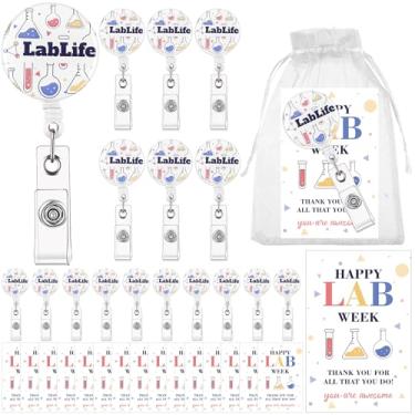 Imagem de Haiabei 20 conjuntos de presentes de laboratório para laboratório, carretel de crachá de ciência, presente de microbiologia, com clipe jacaré, cartão de agradecimento e sacos de organza para