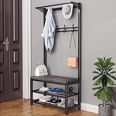 Imagem de Rack de roupas requintadas, suporte de sapato, suporte para casacos, cabideiro, 4 em 1, com banco e armazenamento de sapatos para entrada, suporte resistente, cabideiro, móveis industriais