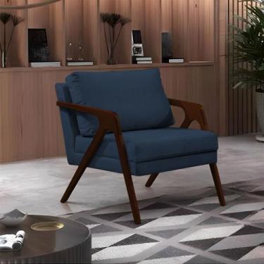 Imagem de Poltrona Mona Monique Luxo Base Madeira Maciça Castanho Veludo Azul - 