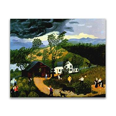 Imagem de Pinturas a óleo Grandma Moses Anna Mary Robertson. Reprodução impressa em tela. Arte famosa (A tempestade) Pôster e impressões de paisagem. Imagens de arte de parede em tela 50 x 60 cm (20 x 24