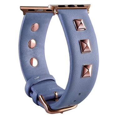 Imagem de Pulseiras de couro Vikoros Golden Rivets Studs compatíveis com Apple Watch SE Series 6 5 4 3 44 mm 42 mm, pulseira de reposição para pulseiras iWatch com fivela dourada azul