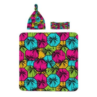 Imagem de Midaivu Manta colorida de palmeira para recém-nascidos com faixa de cabeça e chapéu combinando para recém-nascido, roupa de chegada para casa, presente de chá infantil para 0 a 6 meses