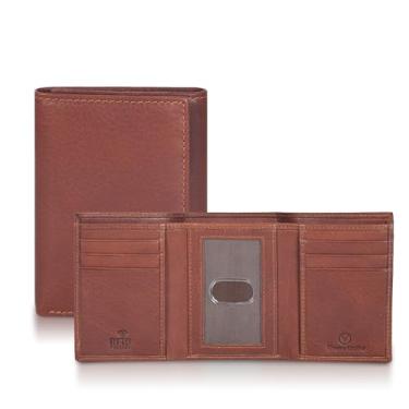 Imagem de Carteira masculina de couro genuíno com bloqueio de RFID e três compartimentos finos com 6 cartões + 1 compartimento para identidade + 2 notas., Tan Nappa, Small