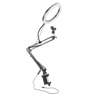 Imagem de Ring Light com suporte para telefone suspenso, braço articulado flexível LED Ring Light de mesa com braçadeira, LED Selfie Light com suporte e suporte para telefone, luz de mesa