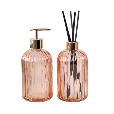 Imagem de Kit Difusor Com Porta Sabonete Liquido De Vidro Em Alto Relêvo Decorativo Lavabo 400Ml