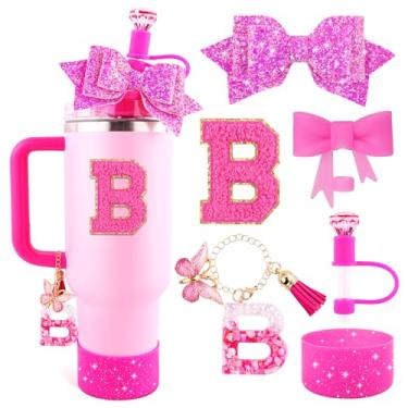 Imagem de Lingdeer Conjunto de acessórios de copo rosa rosa para copo Stanley de 850 g e 1,134 g com alça, pingentes de letras, capas de canudo de arco e diamante, bota de silicone com glitter, adesivo