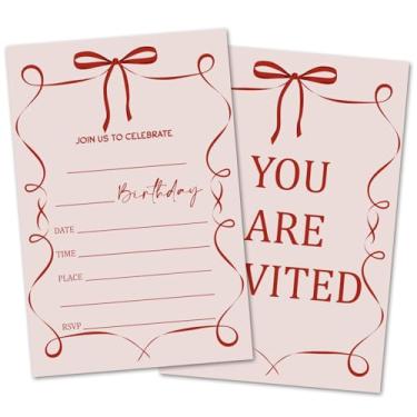 Imagem de oayGnay Cartões de convite de aniversário de laço vermelho para adolescentes, convites de festa de aniversário para mulheres e adultos, 20 cartões de convite com envelopes, decoração de lembrancinhas