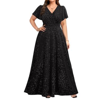 Imagem de Pinup Fashion Vestidos formais femininos plus size – vestidos de noite casamento convidada brilhante vestido longo de formatura, Preto, 26 Plus