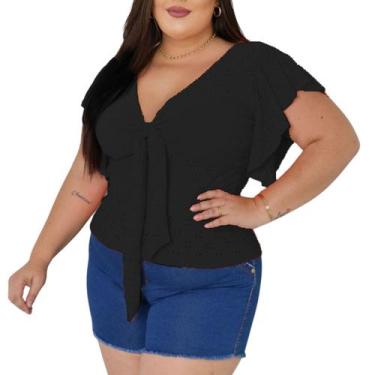 Imagem de Blusa Plus Size Feminina Gola V Amarração Manga Laise Renda de Malha -