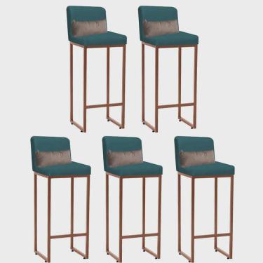 Imagem de Kit 05 Banqueta Alta com Encosto Lucca Industrial Cozinha Balcão Ferro Bronze Suede Azul Turquesa e Almofada Bege - Ahz Móveis