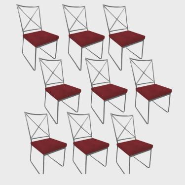 Imagem de Kit 09 Cadeiras Sala de Jantar Escritório Office Clark Industrial Ferro Prata Suede Vermelho - Ahz Móveis