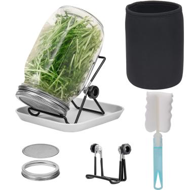 Imagem de Lulonpon Kit de germinação, kit de pote de germinação de sementes de uma peça, frascos de vidro de boca larga com tampas de broto de tela de aço inoxidável 304, calibre de 86 mm com bandeja, suporte,