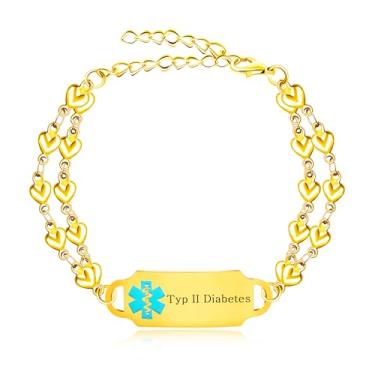 Imagem de JunyiDIY Pulseira feminina de alerta médico, pulseira de emergência médica de aço inoxidável banhada a ouro com identificação de segurança de saúde de camada dupla à prova d'água para mulheres YA5200,