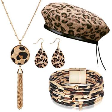 Imagem de Hicarer Conjunto de 4 peças de joias femininas de leopardo com boina francesa, pulseira de couro de leopardo, brinco