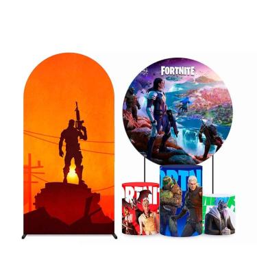 Imagem de Kit Painel de Festa Redondo 1,50m, Trio de Cilindros e Painel Romano Fortnite - Fera Print
