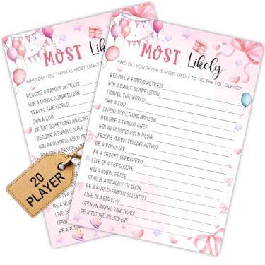 Imagem de Cartão de jogos de festa do pijama rosa - Coquete Coquete Pink Bow Themed Sleepover Slumber Party Supplies - Ideia criativa para jogos noturnos de aniversário - Mais provável - 20 cartas de jogo