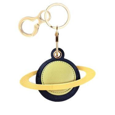 Imagem de BORKUANA Capa de couro compatível com AirTag, linda capa protetora de ar com chaveiro, rastreador GPS antiarranhões para chaves, bolsa, animais de estimação (planeta azul amarelo)