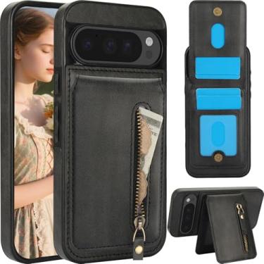 Imagem de CCSmall Capa carteira para Google Pixel 9 Pro XL com porta-cartões compatível com MagSafe, carteira magnética destacável 2 em 1 com bolso com zíper, capa de couro PU para Pixel 9 Pro XL ZFT preta