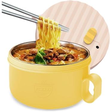 Imagem de Conjunto de tigelas de ramen para micro-ondas Panela de ramen com alças Tigelas de macarrão com tampa e pauzinhos Forro de aço inoxidável Seguro para lava-louças para escritório em casa dormitório da faculdade (branco e amarelo)