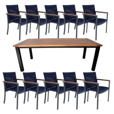 Imagem de Conjunto Mesa de Jantar 10 Lugares Turmalina Madeira 300x100cm 10 Cadeiras Amélia Corda Náutica Alumínio (Azul)