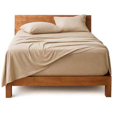 Imagem de Decolab Jogo de Lençol Malha 100% Algodão Extra Macio - Roupa De Cama Antiácaro, Inclui Lençol Com Elástico (Forro) E Fronhas (Bege, Queen Completo)