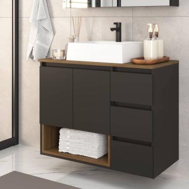 Imagem de Gabinete Banheiro Suspenso 80cm Vitória com 02 Portas 03 Gavetas e Nicho com Cuba Mel/Graffite