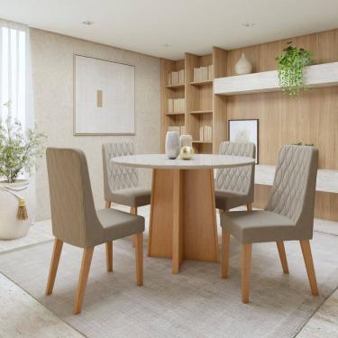 Imagem de Conjunto Celebrare 100cm tampo Redondo em MDF com Vidro e 4 Cadeiras Luar Amendoa Clean/Off White/Veludo Naturale Creme