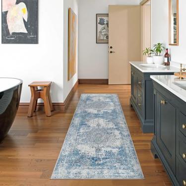 Imagem de jinchan Tapete de área 2x8 tapete de corredor persa tapete vintage azul envelhecido cozinha interior tapete fino tapete floral tradicional tapete antiderrapante banheiro quarto sala de estar