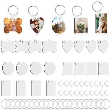 Imagem de 75 peças de chaveiro de sublimação de metal, 5 estilos de ornamento de sublimação em branco dupla face transferência de calor em branco com chaveiros, clipes de retenção de plástico chaveiro em branco