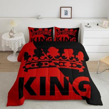 Imagem de Feelyou Conjunto de cama infantil King com estampa de coroa, tamanho casal, para decoração de quarto de meninos e meninas, edredom vermelho e preto, moderno, 3 peças