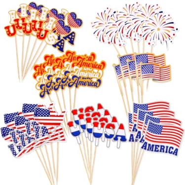 Imagem de HOWAF 70pcs 4th of July American Flags Toothpick, USA Mini Stick Cupcake Toppers, Red White Blue Independence Day Cocktail Picks Fruits Sticks for US July 4th Patriotic Party Food Drink Decorations
