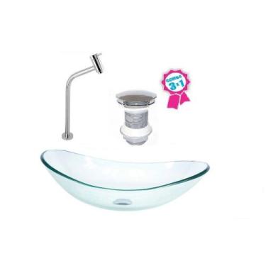 Imagem de Cuba de vidro oval 55cm  jateado + valvula click + torneira metal - Cu