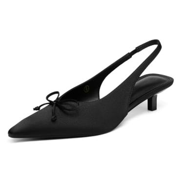 Imagem de Coutgo Sapato social feminino Slingback Kitten de salto baixo fechado bico fino gravata borboleta sem cadarço para trabalho de escritório, Preto puro, 36
