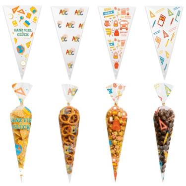 Imagem de 100 unidades de sacos de celofane de volta às aulas triangulares transparentes com laços torcidos 4 designs materiais escolares letras ABC sacolas de plástico para lembrancinhas de festa de volta às