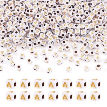 Imagem de FASHEWELRY 500 peças de contas brancas douradas 4,5 mm contas quadradas do alfabeto cubo acrílico letra A contas para pulseira da amizade, colar, chaveiros, fabricação de joias