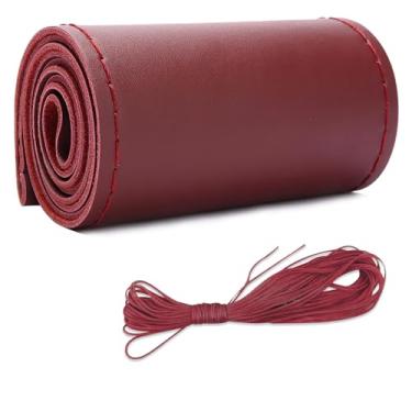 Imagem de Capa de volante de couro de microfibra, costura DIY com agulha e linha, protetor de volante de carro antiderrapante respirável, universal de 38 cm, costura automática para volante (bordô, brilhante)