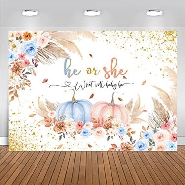 Imagem de Mocsicka Abóbora revelação de gênero pano de fundo outono abóbora chá de bebê decorações de festa menino ou menina abóbora revelação de gênero de abóbora faixa de mesa de bolo (azul/rosa, 2,4 x 1,8 m (96 pol. x 72 polegadas)