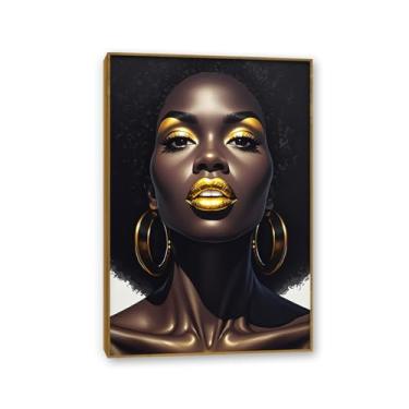Imagem de Arte de parede em tela de mulher afro-americana com lábios emoldurados em ouro quadros de pintura de retrato de mulher negra emoldurada para decoração de parede moldura de teca 30 x 20 cm (12 x 8 pol