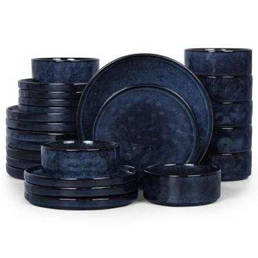 Imagem de LIANYU 24 conjuntos de pratos e tigelas para 8, conjunto de pratos de louça de grés, utensílios de jantar para macarrão de salada de sobremesa, seguro para micro-ondas e lava-louças, azul cetáceo