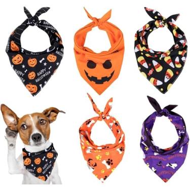 Imagem de Pacote com 5 bandanas para cães de Halloween, cachecóis para animais de estimação de triângulo, laváveis, para animais de estimação, babadores, abóboras, fantasmas, doces, milho e ossos