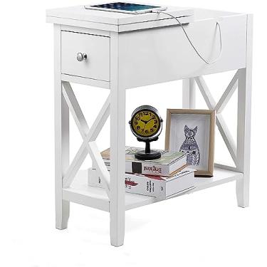 Imagem de ChooChoo Mesa de extremidade, material MDF, mesa de canto estreita com gaveta, mesa lateral pequena de destaque para sala de estar, quarto e espaços pequenos - branca