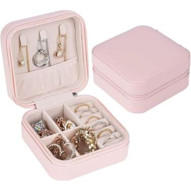 Imagem de Porta-Joias Compacto Portátil, 10x10x5cm, Estojo Organizador de Joias com Zíper, Compartimentos para Anéis, Colares e Brincos, Rosa