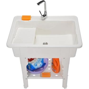 Imagem de Tanque De Lavanderia Com Torneira, Lavatório De Lavanderia Autônomo, Lavatório De Plástico Para Lavatório, Lavatório Interno E Externo Para Lavar Roupas à Mão, White, 80x56x80cm