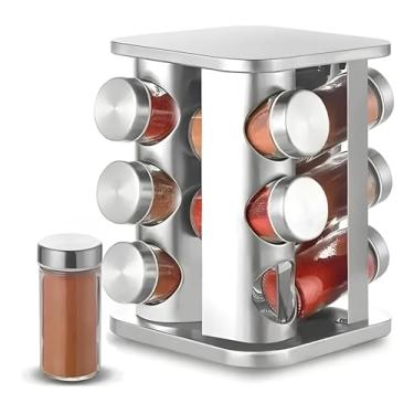 Imagem de Porta Temperos Giratório, 12 Potes de Vidro, Tampa em Aço Inox, Base Rotativa, Organizador de Condimentos