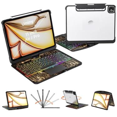 Imagem de Uminy Capa de teclado para iPad de 11 polegadas Pro 4/3/2/1ª geração e iPad Air 2025 M3, 2024 M2 e iPad Air de 11 polegadas de 5ª/4ª geração, suporte giratório de 360°, capa protetora transparente com