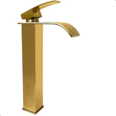 Imagem de Dona D Cor, Torneira Banheiro Dourada Inox 304 Bica Alta Quadrada Cascata Monocomando Misturador Quente Frio Pia Lavabo Bancada Luxo Lavatorio Gold Brilhoso