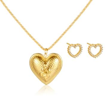 Imagem de FLORA CONJUNTO COLAR FOLHEADO A OURO 18K PINGENTE CORAÇÃO/COBRA E BRINCO CORAÇÃO FOLHEADO OURO 18K ZIRCÔNIA CRAVEJADA